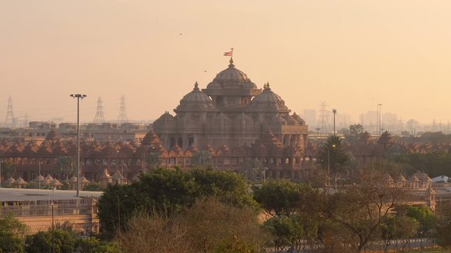 Travel and Vacation Attraction Landmark - Famous Akshardham Hindu Temple at Sunset in Delhi