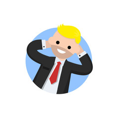 Successful businessman in suit. Gesture with hands behind head. Stay on job. Happy man in tie. Business and joy icon. Cartoon flat illustration isolated on white