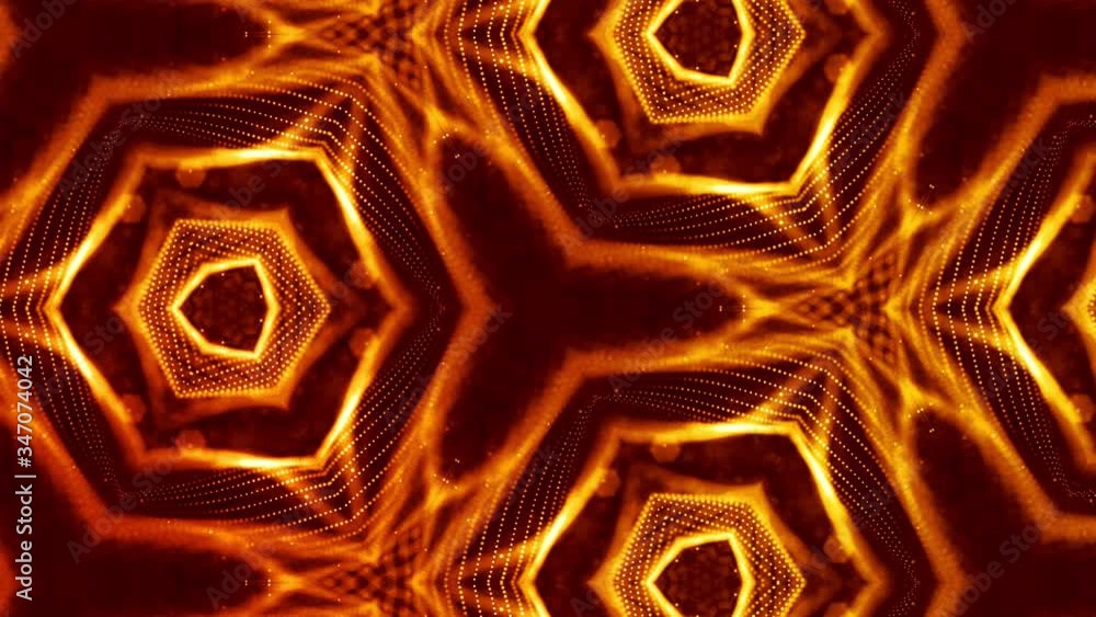 Poster abstraction of microworld of nanotechnology. 4k looped sci-fi 3d background with glow gold particles