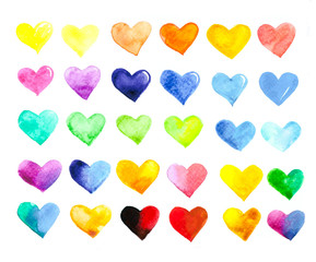 Set of  hearts, letter, word watercolor for Valentine Day. Colorful splashing in the paper. It is wet texture from brushes. Picture for creative wallpaper or design art work.