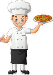 Cartoon chef holding pizza. Vector illustration