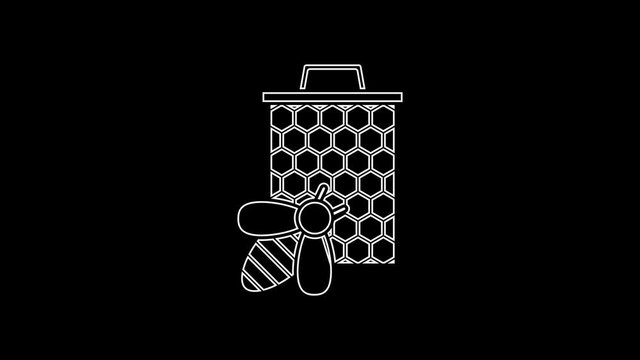 White line Bee and honeycomb icon isolated on black background. Honey cells. Sweet natural food. Honeybee or apis with wings symbol. Flying insect. 4K Video motion graphic animation