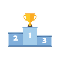 Podium for winners with a gold Cup, close-up, isolated on a white background, vector color illustration, design
