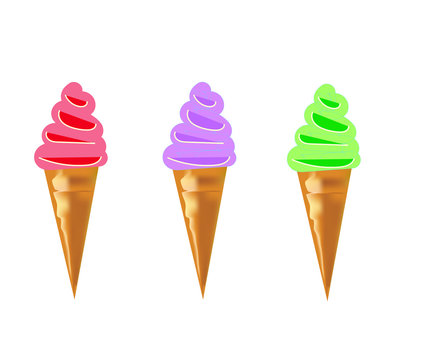 cone ice cream in three varieties, vanilla, kiwi, berries