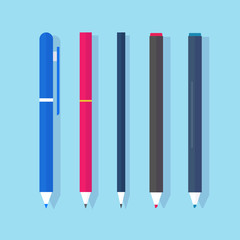 Pens and pencils with markers vector flat cartoon isolated, ballpoint or biro pen, idea of stationery set cartoon illustration modern design image