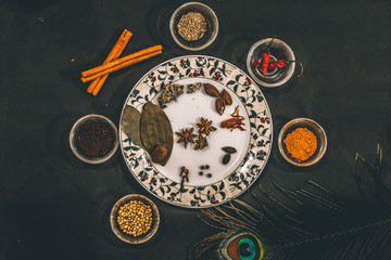 Indian spices in a plate and bowl