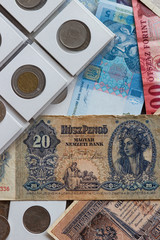 Background from different coins and old banknotes