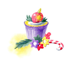 Hand painted Christmas arrangement with cupcakes, abstract spots and different decorations. Yellow, red, purple and green color palette. For templates, menu cards, invitation, greeting and postcards