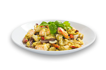 Stir Fried Curry Powder on white dish, Thai food, menu seafood.
