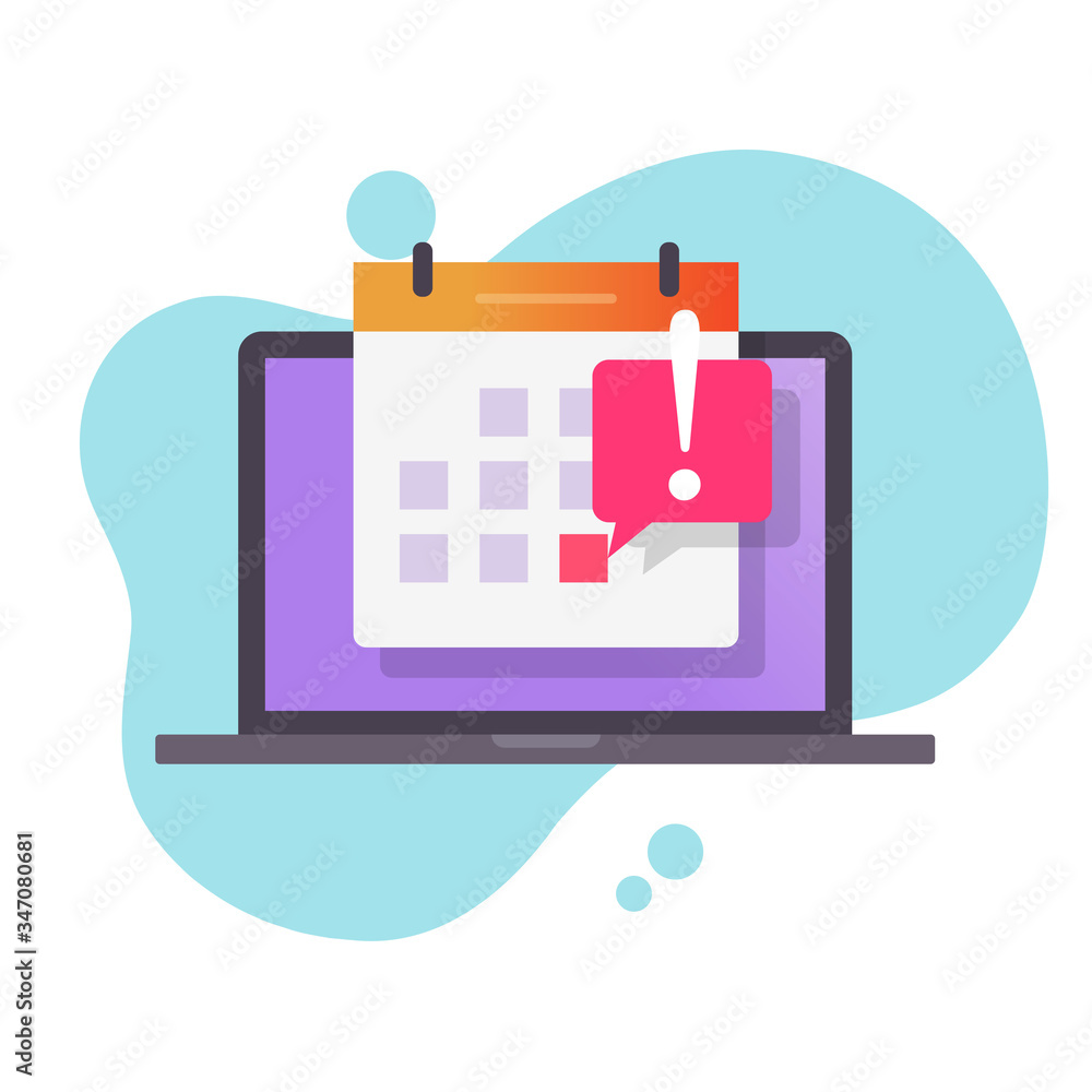 Poster deadline date caution message or event reminder on calendar on laptop computer vector flat cartoon, 