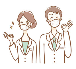 Illustration of men and women wearing surgical masks giving an OK sign.