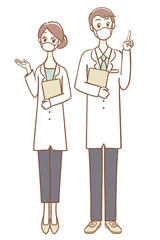 Illustration of men and women wearing surgical masks.