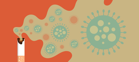 Smoking causes the spread of the covid-19 virus on orange banner background, Smoking concept and Covid-19 concept, Flat illustration design