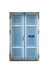 Blue wooden door in old building facade isolated