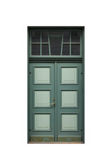Green door with decoration in old building facade isolated