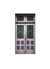 Ancient red wooden door with colorful glass decoration