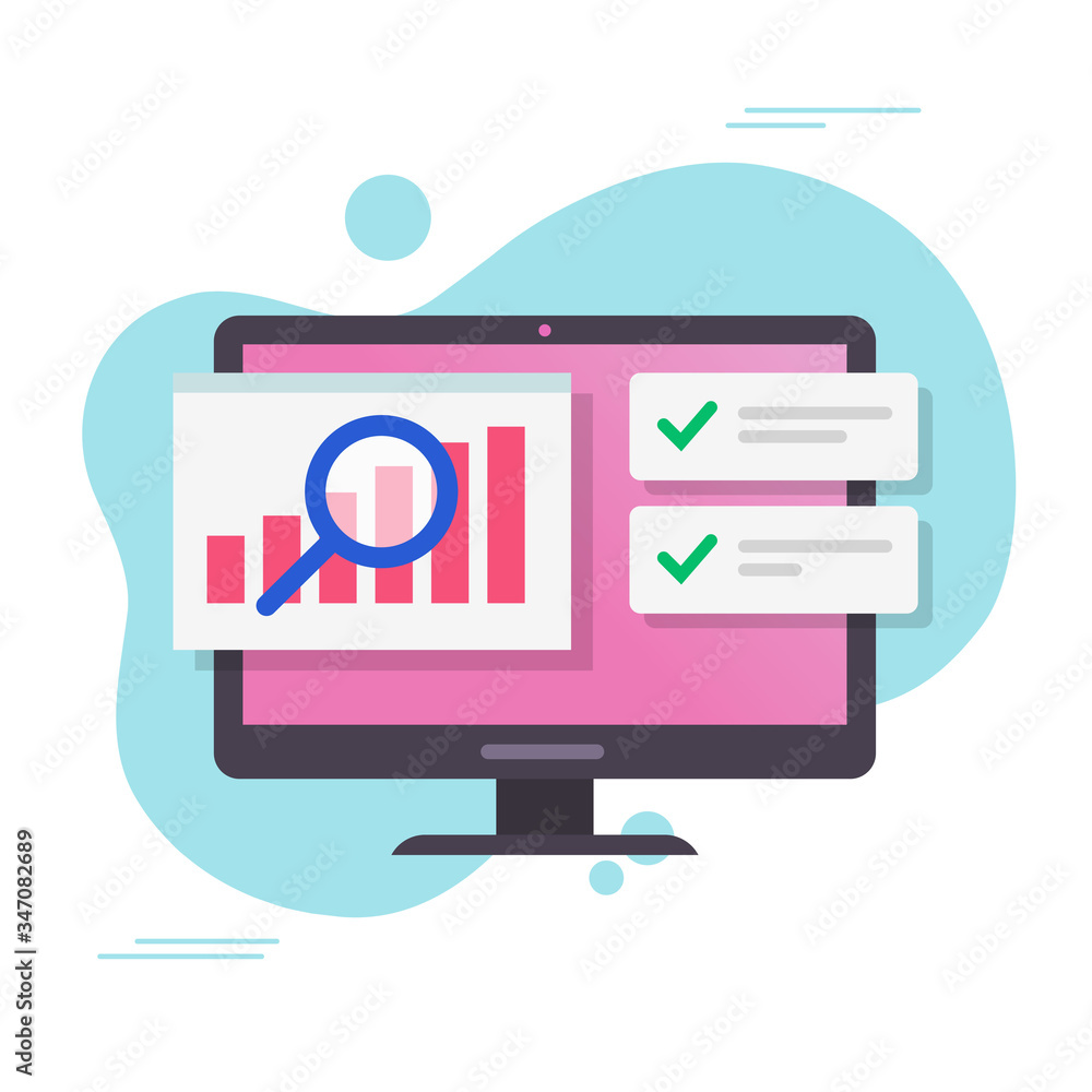 Poster analysis sales data growth graphs report on computer or pc with audit of stocks market with success 