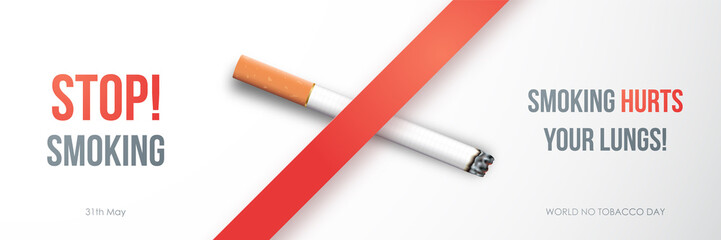 World no tobacco day. Long banner with realistic cigarette and text Stop smoking. Health life concept design. Stock vector illustration.