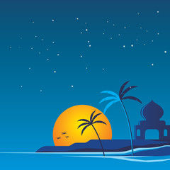 Blue landscape of mosque in the beach at sunset. Islamic background illustration.