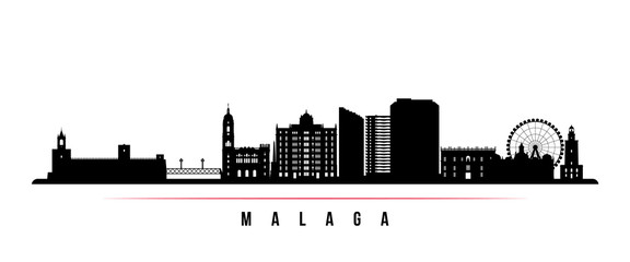 Malaga skyline horizontal banner. Black and white silhouette of Malaga, Spain. Vector template for your design. © greens87