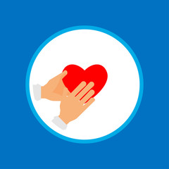 Charity icon, two hands holding red heart on blue background.