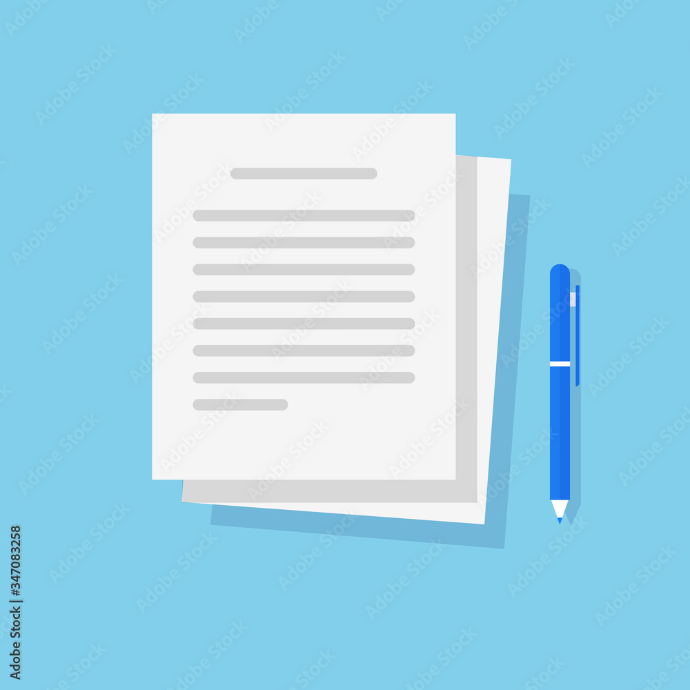 Poster document text file and writing article content on paper docs with pen vector illustration flat carto