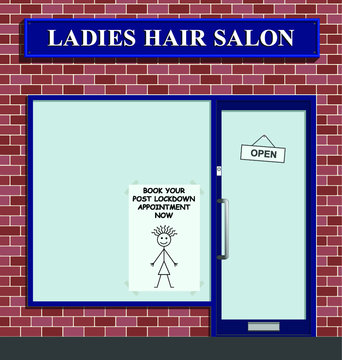 Comical ladies hair salon advertising to book your post lockdown hair cut appointment following the outbreak of the Coronavirus COVID 19 pandemic
