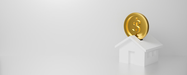 3d money house isolated on white background. Save money business finance. Piggy bank home with gold coins falling for sale banner. 3d rendering for advertisement board. Buying a house concept.