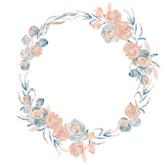 Watercolor floral wreath with peony flowers and leaves, hand drawn illustration 