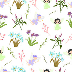Obraz na płótnie Canvas Flowers and fairies seamless pattern. Raster version.