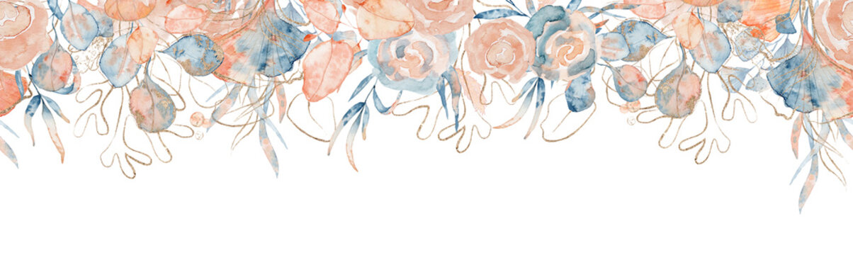 Watercolor floral frame with pink and blue peony leaves and gold corals