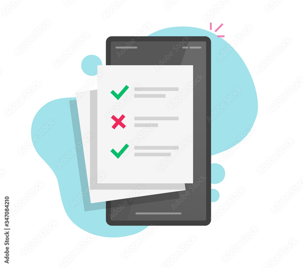 Poster survey online form or exam document and test quiz checklist results on mobile phone or smartphone ve