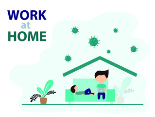 work online from home with kid  the coronavirus (Covid-19) outbreak and social distancing alert. stay at home to avoid virus infection. businessman works remotely