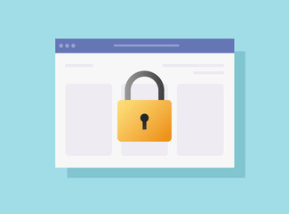 Internet security privacy or online web access data protection vector flat cartoon icon, illustrated private browser window website private padlock technology, guard or authentication system image