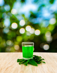 Fresh cool bai yanang tea or Tiliacora triandra on a wooden table, natural bokeh background