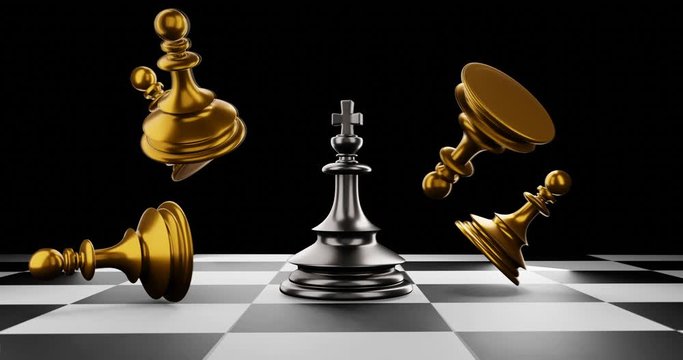 The King in battle chess game stand on chessboard with black isolated background. Concept business 
strategy, planning and decision.
3d rendering.