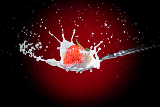 A tasty ripe red Strawberry fall into milk in front of a gradient red backdrop on a tablespoon and are splashed - Strawberry Splash