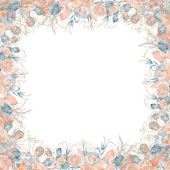 Watercolor floral frame with pink and blue peony leaves and gold corals