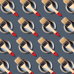 Brush and open paint can pattern on grey background. Top view, copy space. Creative design for packaging. Appartment renovation, repair, building and home design concept.