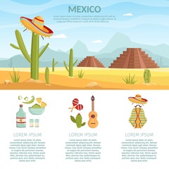 Mexican infographics desert with cactus, sombrero, guitar vector elements illustration.