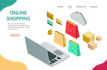 Isometric shopping online computer ecommerce vector illustration banner.