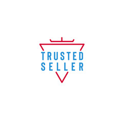 Simple vector logo of trusted seller with red triangle and crown icon isolated on white background good for your website, micro blogging, marketplace icon