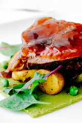 A piece of steak on a plate