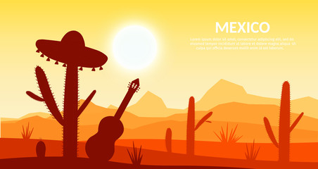 Mexican desert with cactus, sombrero and guitar vector illustration.