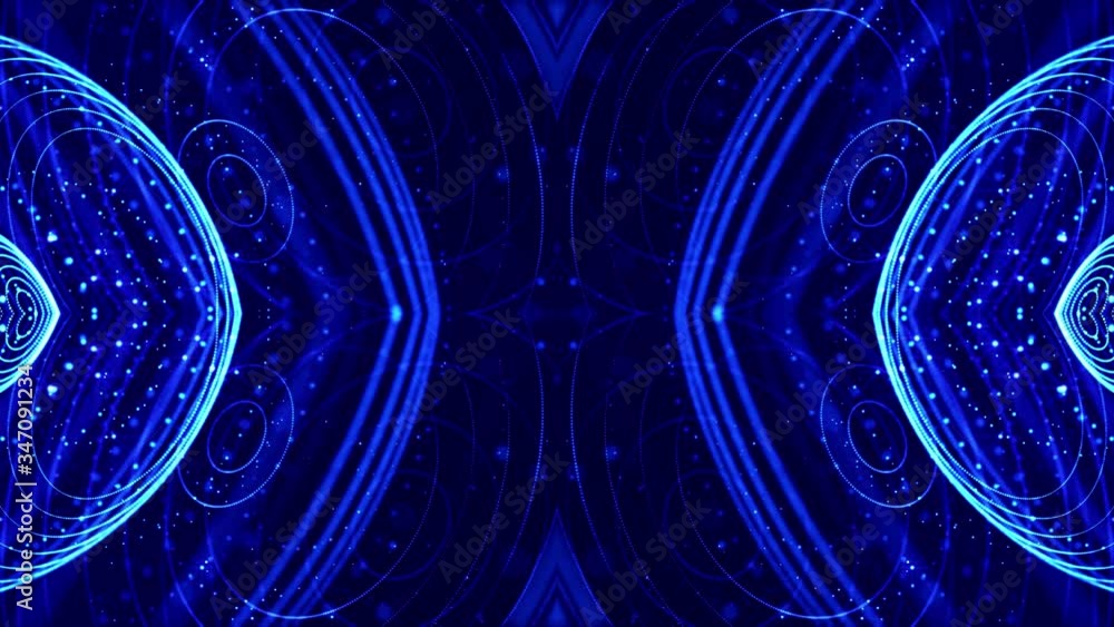 Poster 4k looped sci-fi 3d abstract background. glow blue particles form lines, symmetrical structures like