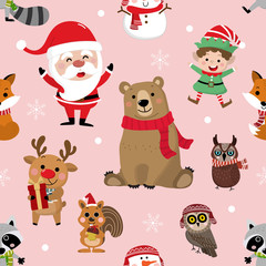 Cute forest animals and Santa Claus in Christmas holidays background. Wildlife cartoon character vector. Elf, snowman, deer, bear, owl, raccoon, fox and squirrel in winter costume seamless pattern.