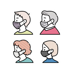 横向きでマスクをする4人のイラスト