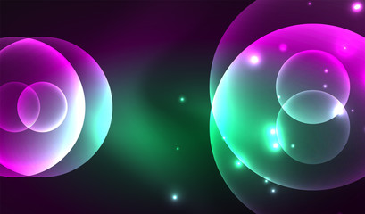 Glowing neon shiny transparent abstract geometric shapes with light effects. Techno futuristic vector abstract background For Wallpaper, Banner, Background, Card, Book Illustration, landing page