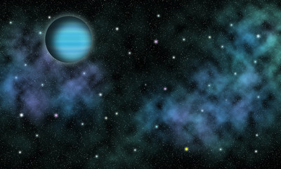 Obraz na płótnie Canvas 宇宙空間の星雲に浮かぶ青い謎の惑星
