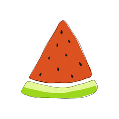 Slice of bright juicy watermelon with pits on a white isolated background. Print on fabric, clothes for children, wrapping paper. Modern style, flat design. Vector stock illustration.